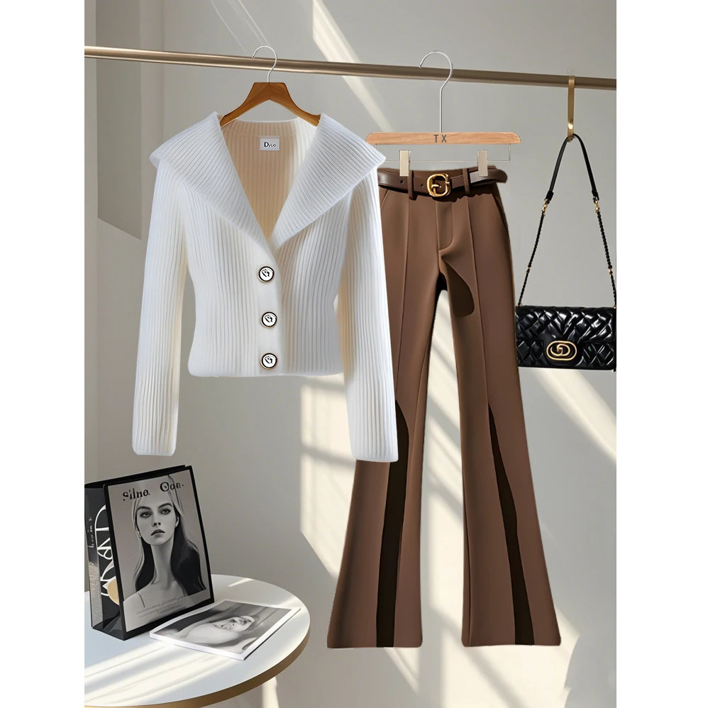 2025轻奢女装新款时尚套装洋气显瘦上衣气质高腰微喇裤一整套爆款