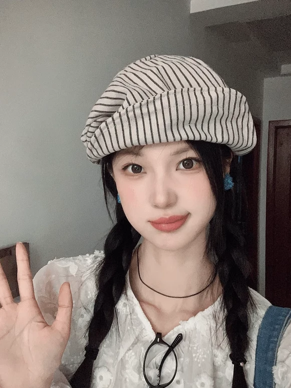 日系文艺复古条纹棉麻褶皱贝雷帽显脸小百搭女春夏显脸小报童帽潮