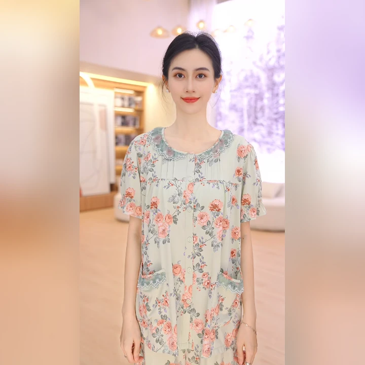 秋鹿柔软莫代尔棉睡衣女士春夏法式碎花蕾丝花边短袖家居服套装