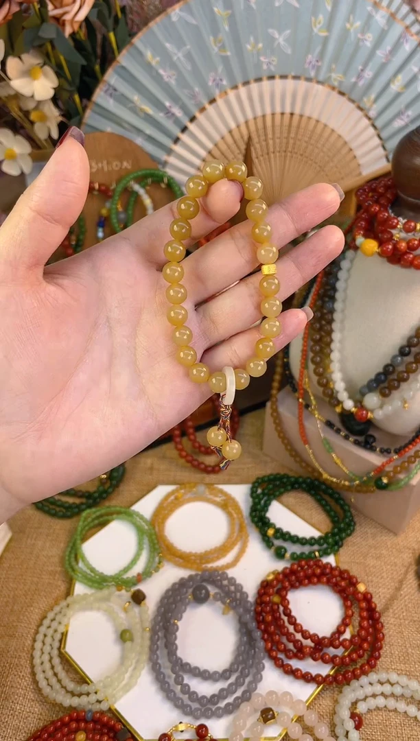 【闪购商品】和田玉手串18K金镶嵌糖玉