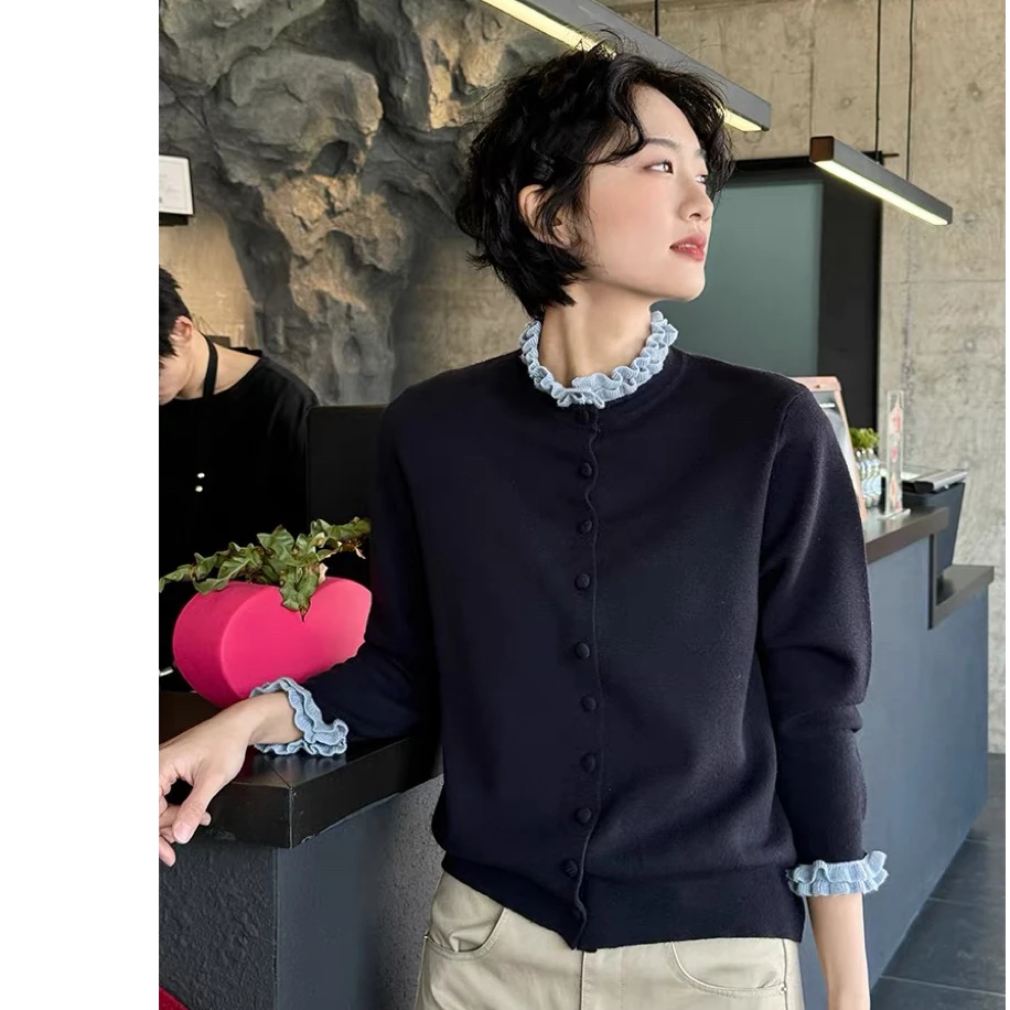 蕾丝堆堆领法式设计感秋季针织14针衫2647