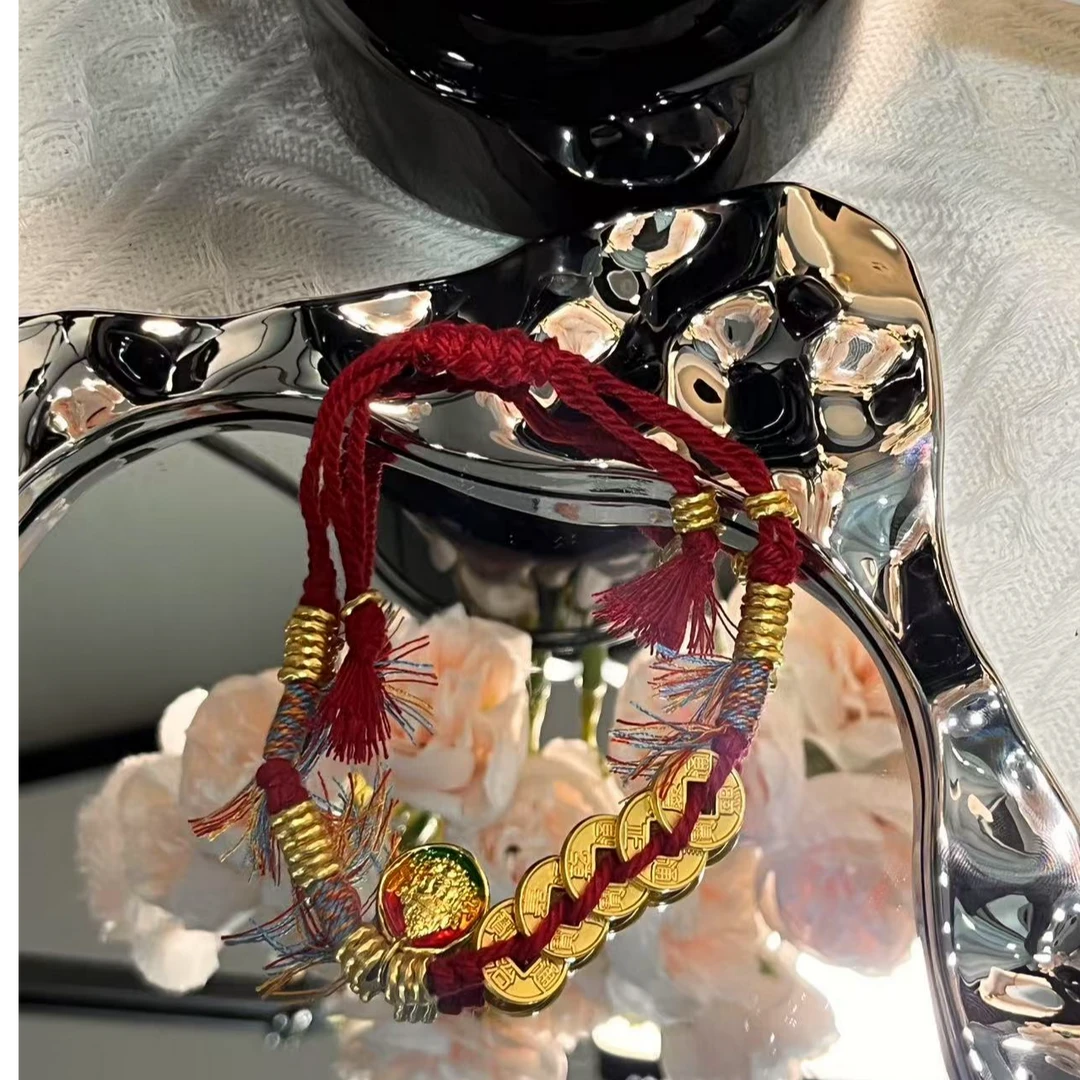 黄铜手链 流苏五帝钱盘缠手链新中式金色时尚红色手工编织小众女