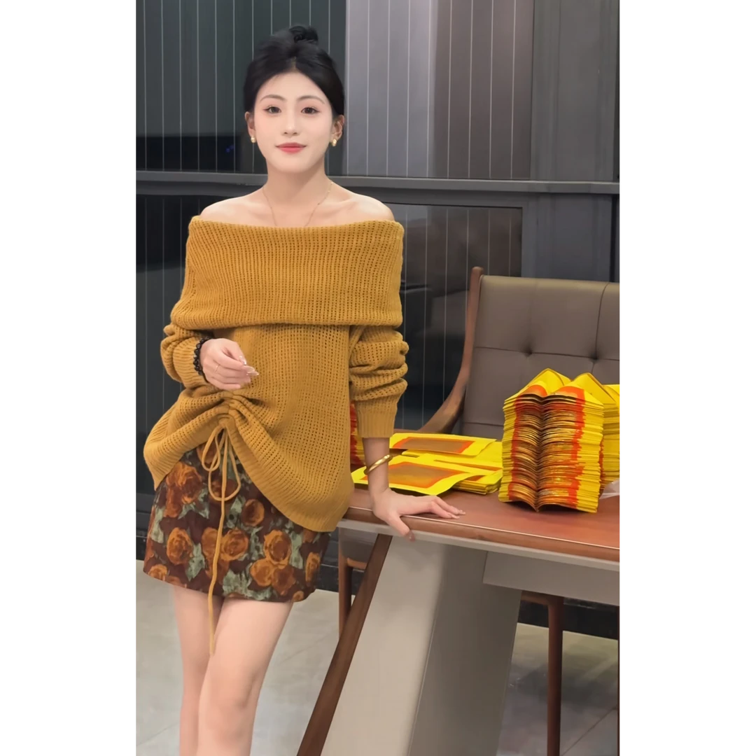 ENEN~气质法式美拉德小香风一字肩针织两件套