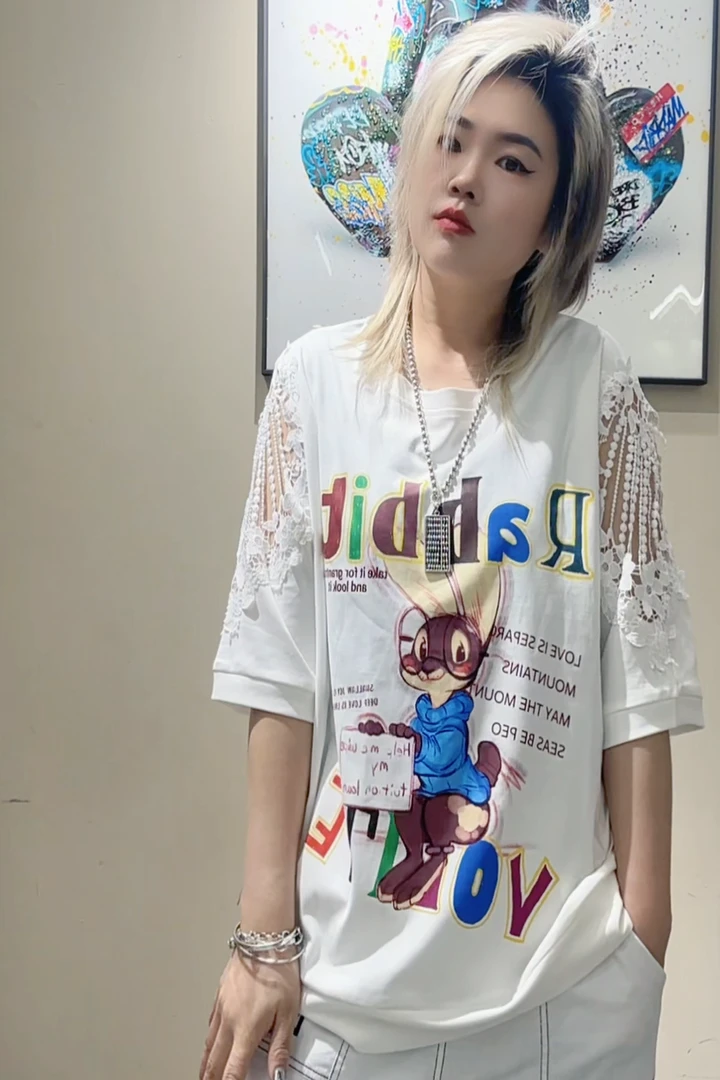 潮牌女装新品夏款圆领短袖显瘦百搭大码蕾丝袖短袖特色短袖