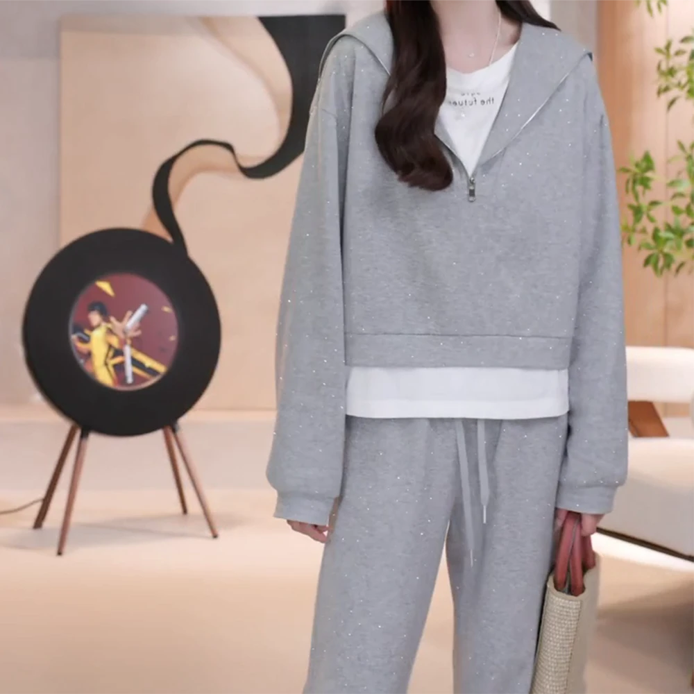 2025新款时尚设计感烫钻套装假两件长袖卫衣+休闲阔腿裤两件套