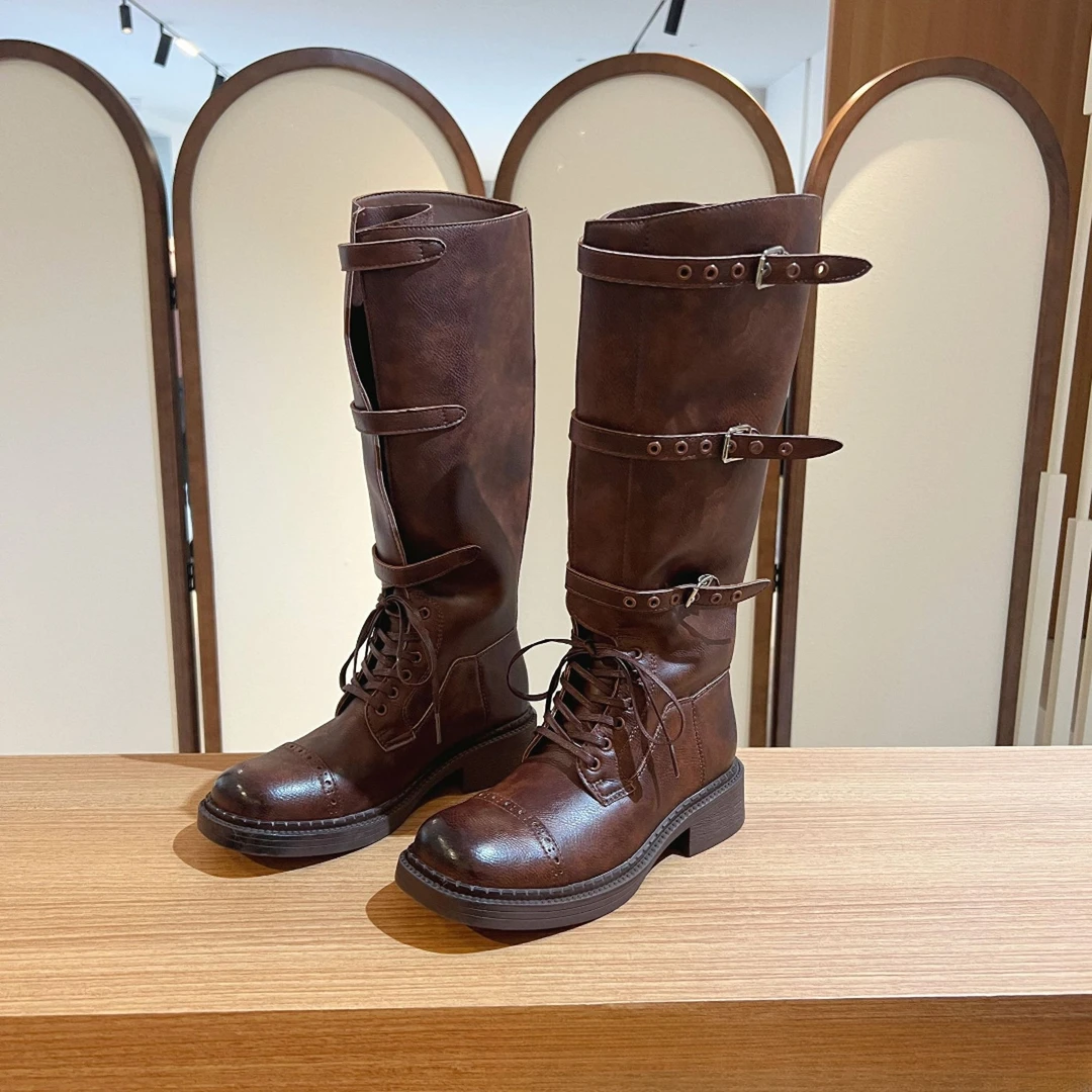 蒿版本！复古版厚底不过膝长筒靴复古擦色马丁靴搭扣骑士靴女