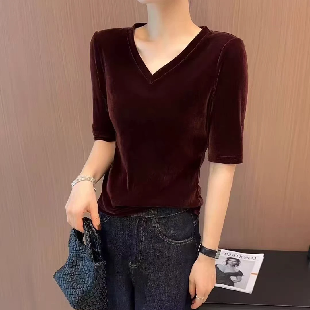 2025早秋新款韩版时尚V领丝绒中袖T恤女韩系宽松显瘦百搭上衣