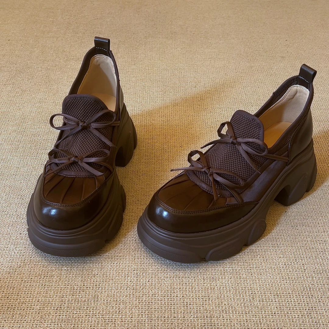 RubyL/7cm小个子通勤百搭双蝴蝶结拼接圆头深口松糕厚底单鞋女款