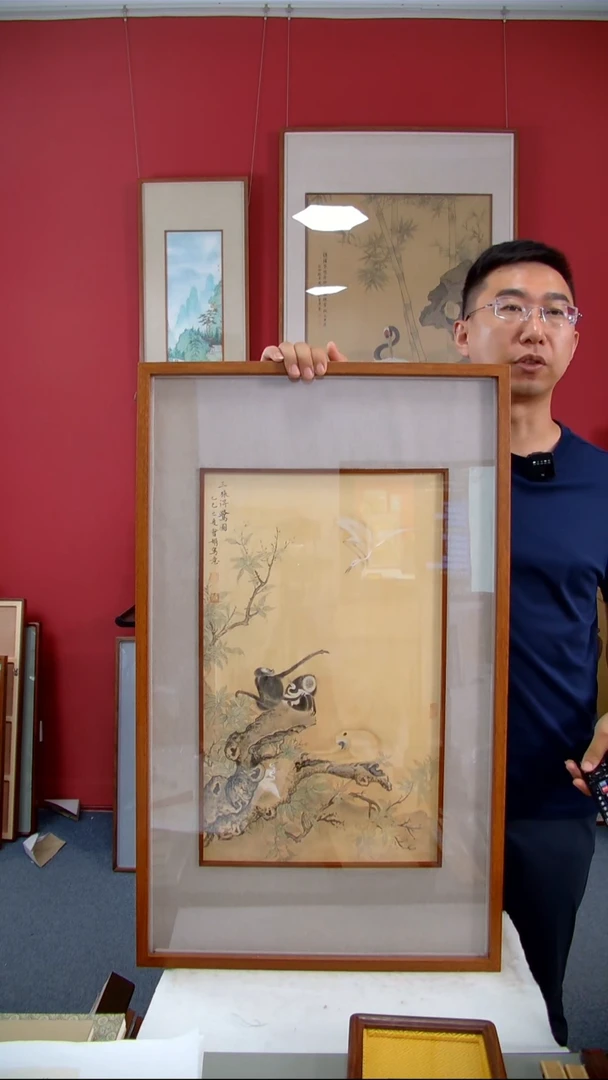 国画苏慧娟《三猿得鷺图》装裱82*50