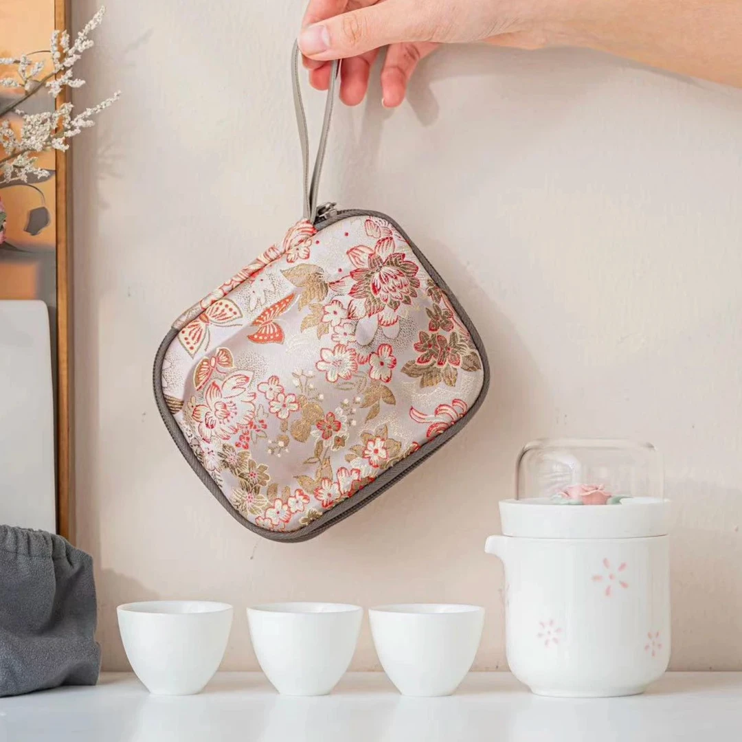 玲珑瓷粉花一壶三杯户外便携式家用旅行茶具-B01102