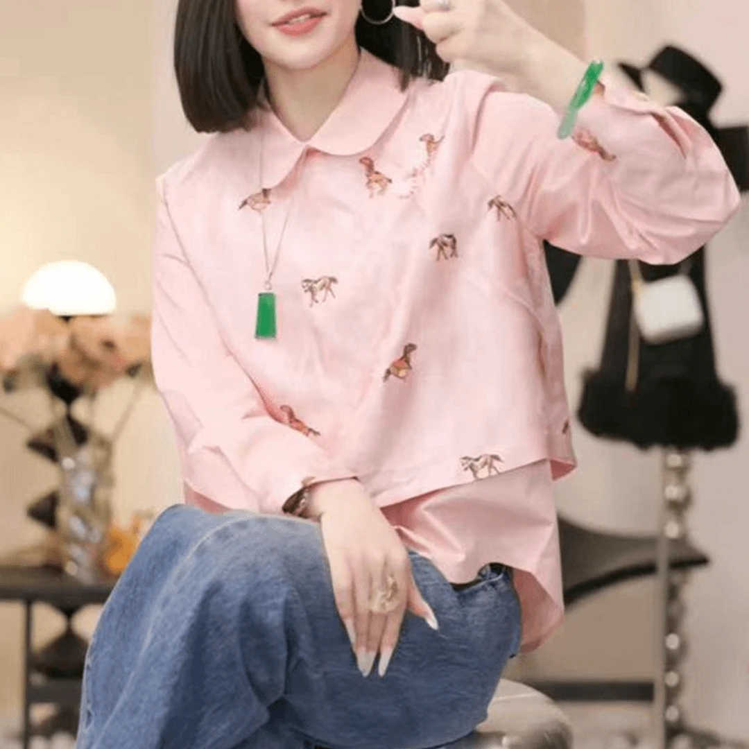 时尚减龄小马假两件衬衫女春秋新款国潮风设计感盘扣翻领长袖上衣