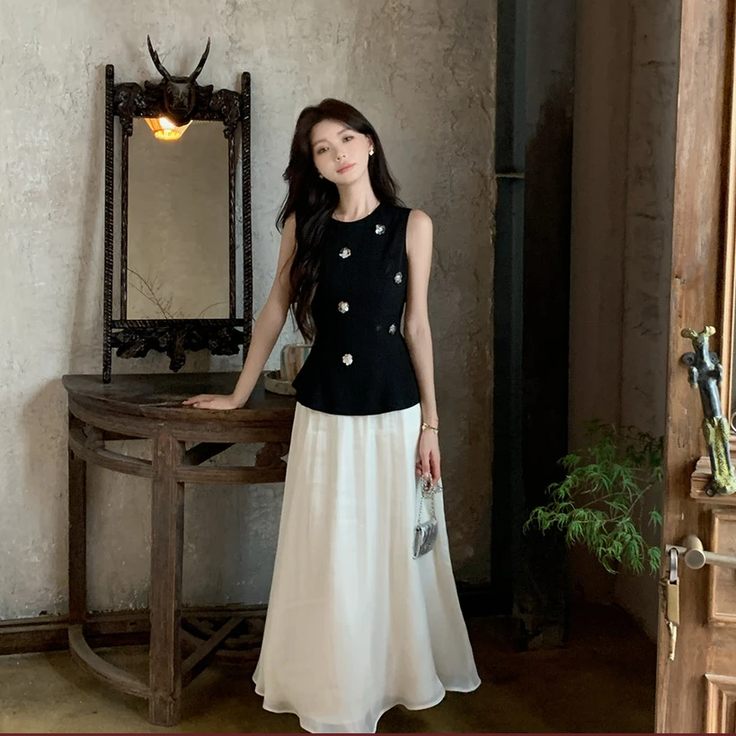 佐佐家小个子重亮片钉珠花朵无袖背心半身裙两件套夏季女气质套装