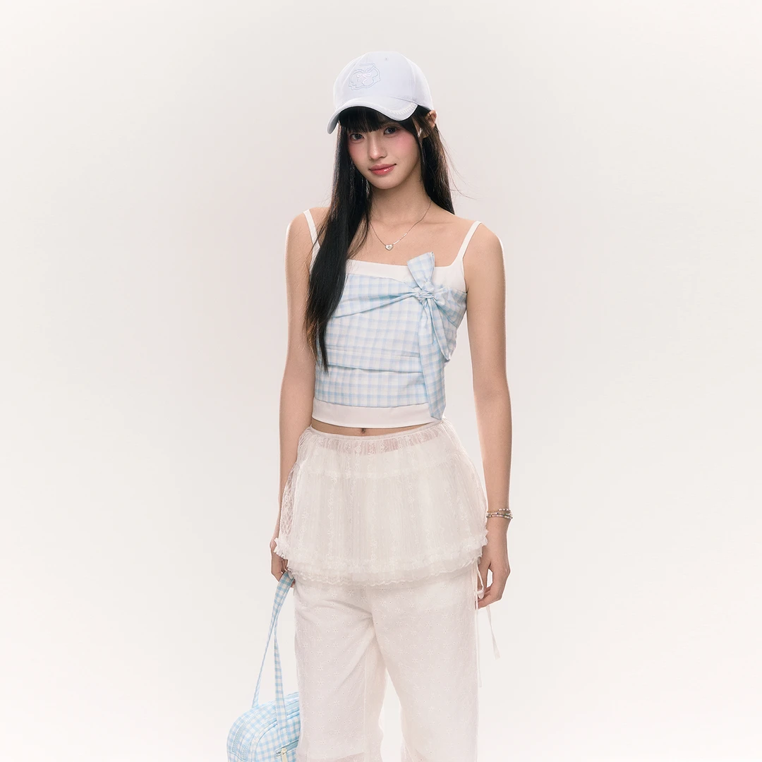 清umoumo乌蘑甜美风格子扭结蕾丝拼接撞色短款吊带NOTBX24692