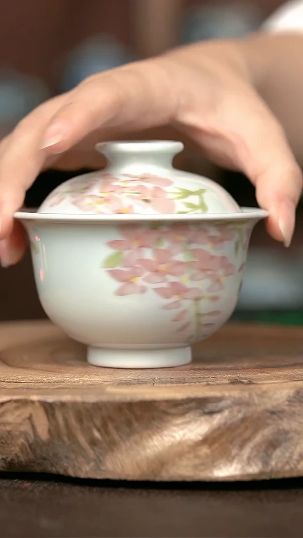 手绘手绘高温现代瓷 柴有暇紫藤花大布袋150cc