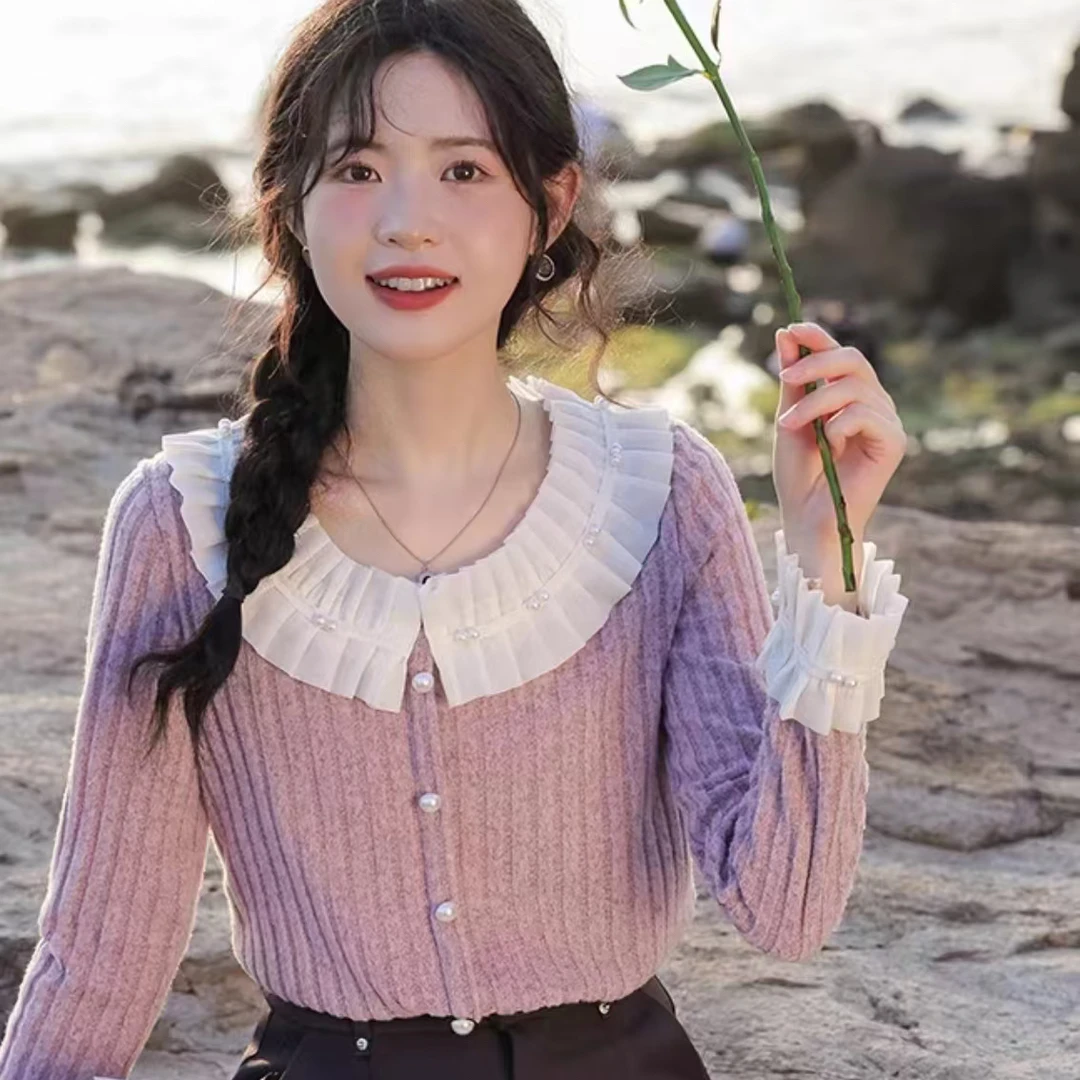2025年春款韩系珍珠花边领别致洋气甜辣上衣