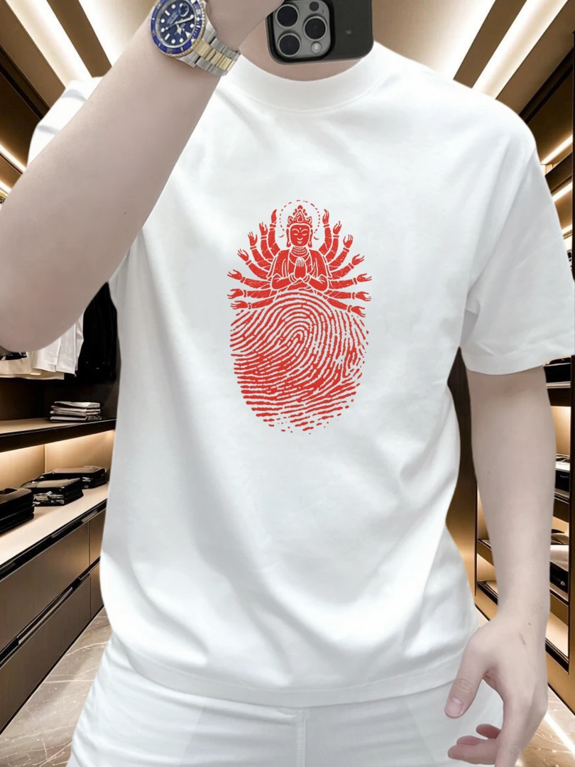 2025新款潮牌指纹印花重磅纯棉短袖T恤男装时尚圆领休闲百搭上衣