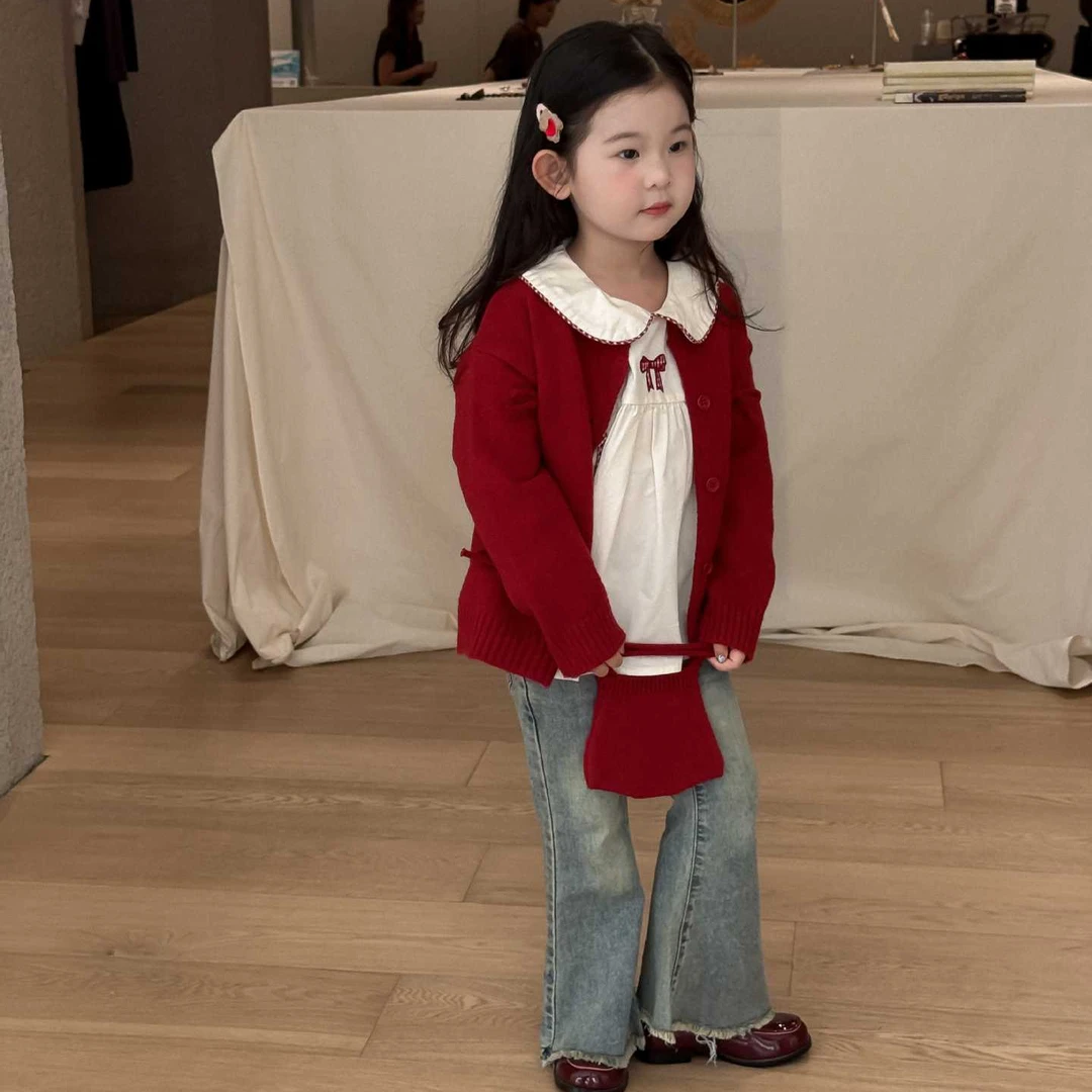 2025秋季新款童装 韩版童装 女童甜美蝴蝶结毛衣开衫 衬衫娃娃衫