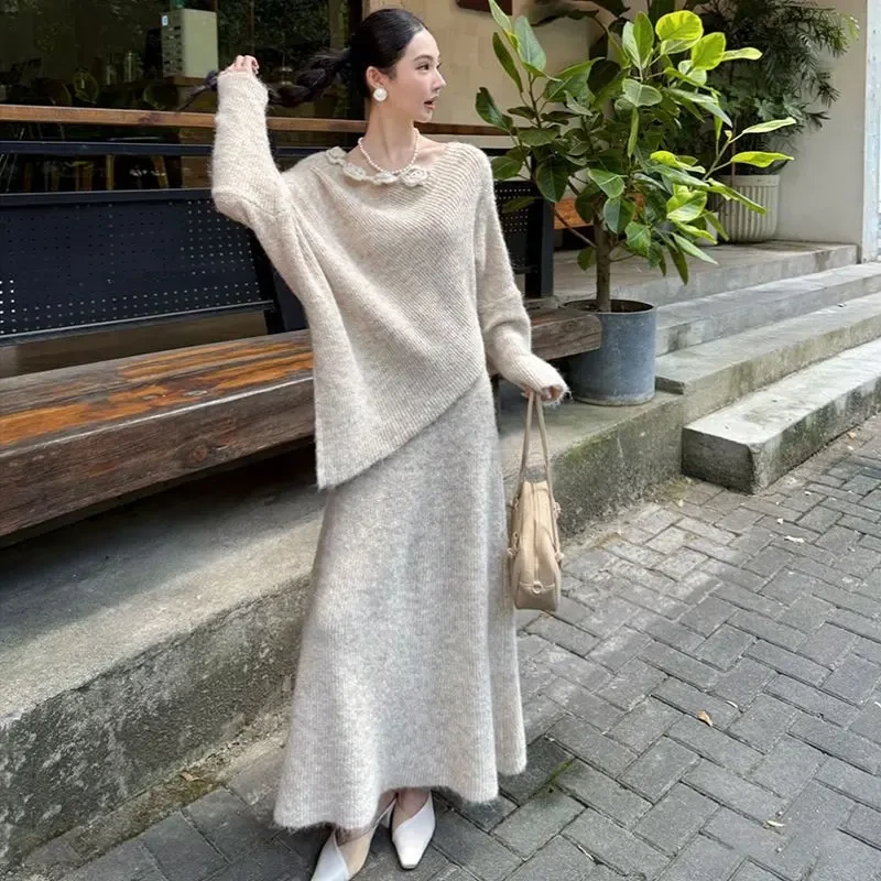 花朵韩系一字肩慵懒风针织套装时尚穿搭毛衣女法式气质高级感套装