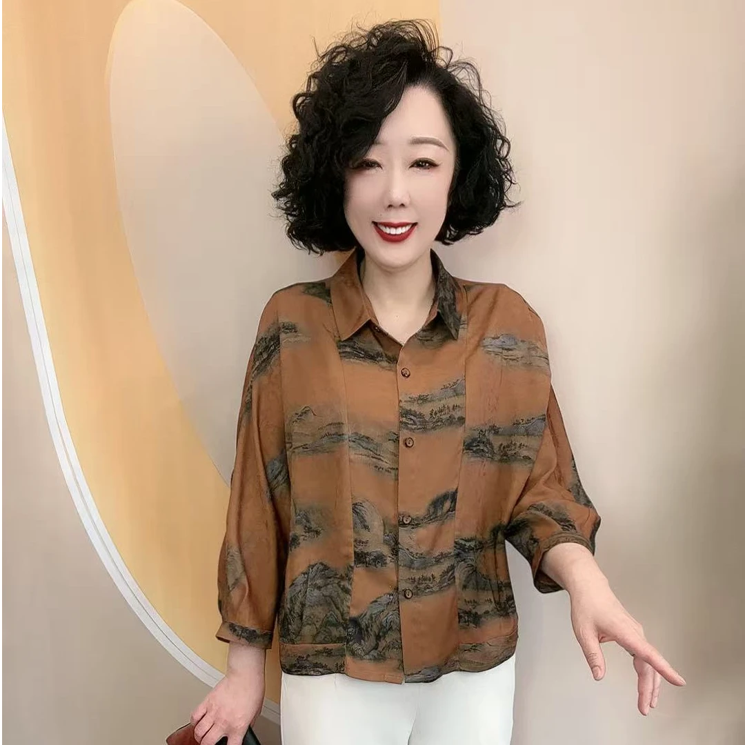 815夏新款山水画宽松时尚大码薄款开衫衬衫上衣，衣长59