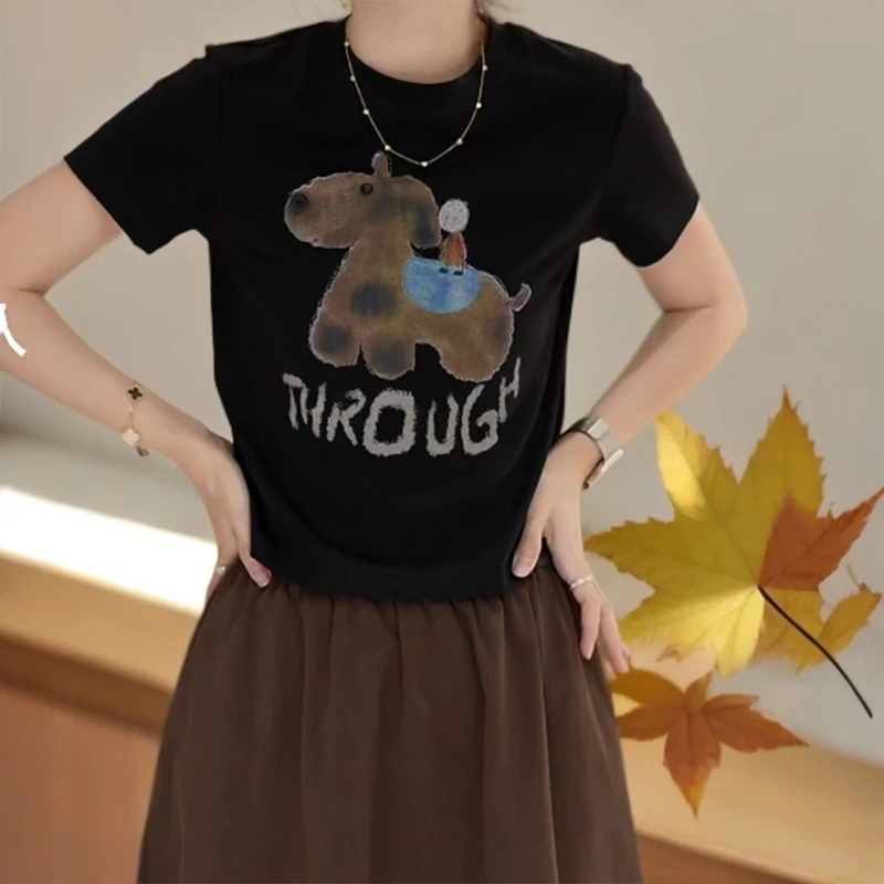 早秋新款百搭休闲圆领小狗印花T恤C5898