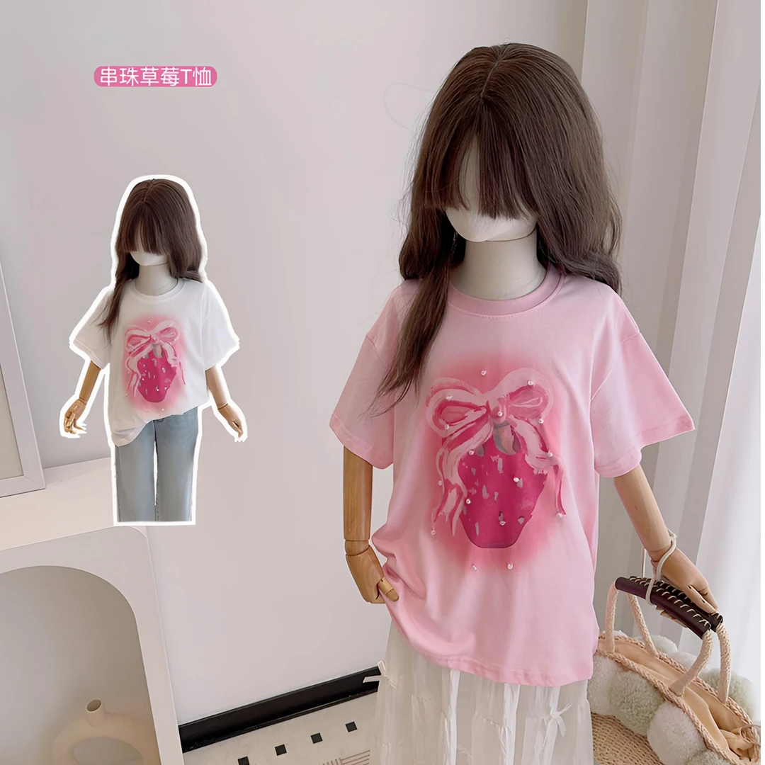 女童串珠草莓印花夏季洋气纯棉宽松时尚韩版短袖T恤打底衫88539