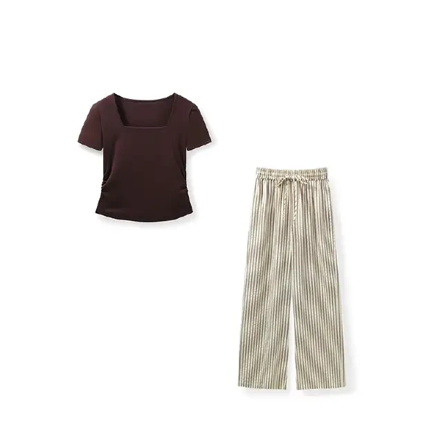 珩绣夏季新款纯色百搭短袖上衣＋复古竖条纹薄款直筒裤两件套0718