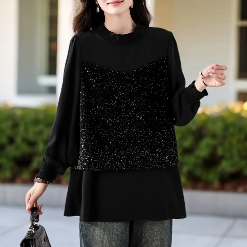 黑色亮片拼接衬衫春季新款洋气大码宽松设计感高级小立领钉珠上衣