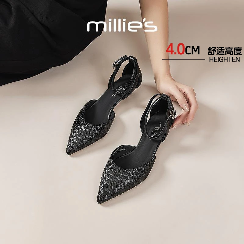 妙丽平底尖头鞋凉鞋女鞋秋季时尚外穿配裙子中跟百搭气质包头单鞋