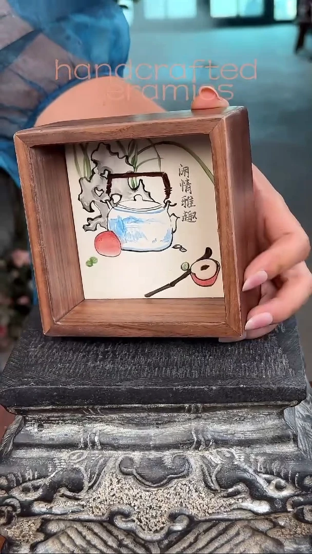手工陶瓷釉上彩瓷片北美胡桃木茶托杯托收纳盒