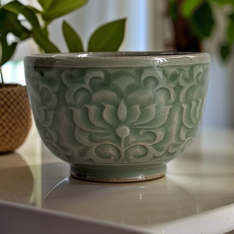 【观文荐瓷】100ml耀州窑青釉满青釉菊纹小缸杯茶杯主人杯