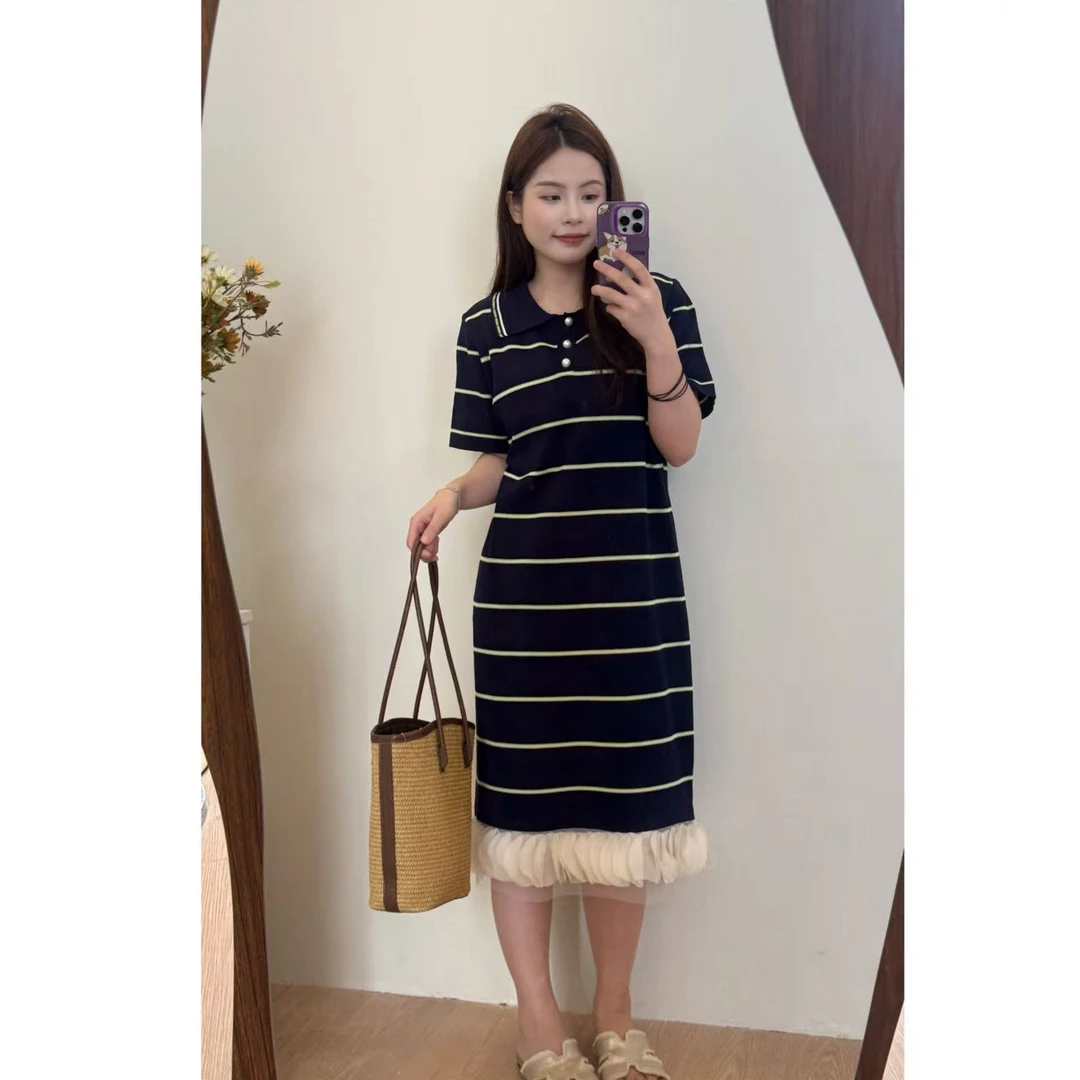小个子夏季高腰H型裙条纹三粒扣连衣裙撞色polo女装圆领