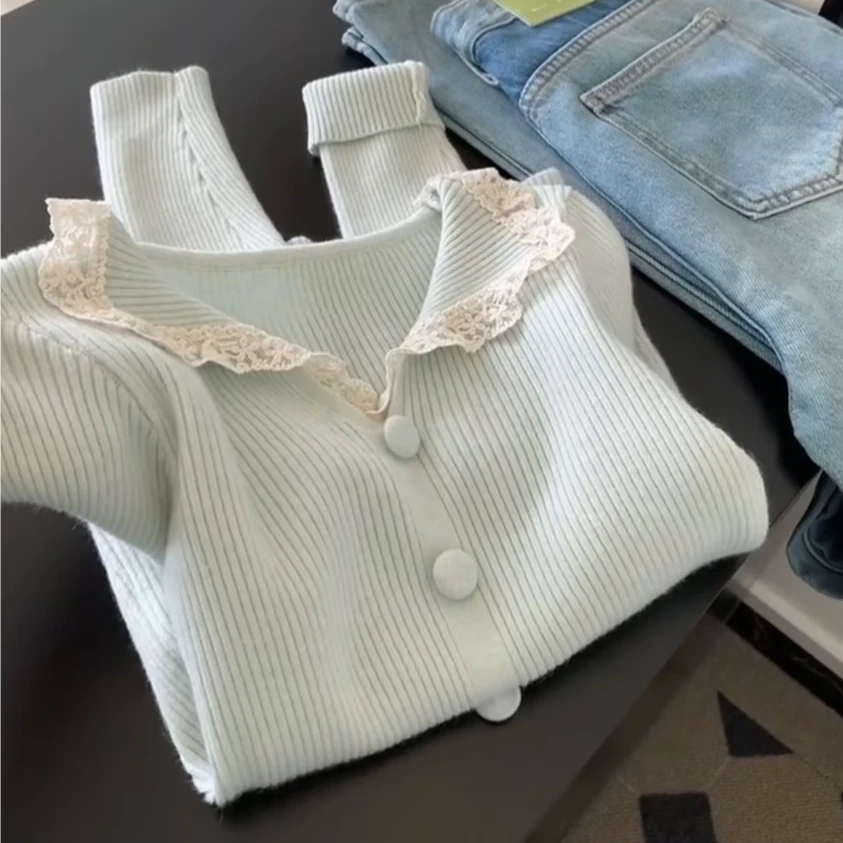 9376大码胖mm温柔风翻领蕾丝边针织衫女秋冬内搭慵懒感打底衫毛衣