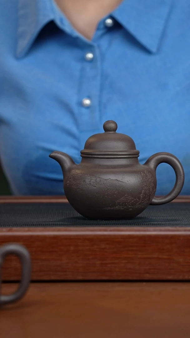 茶壶紫砂天青刻绘掇球