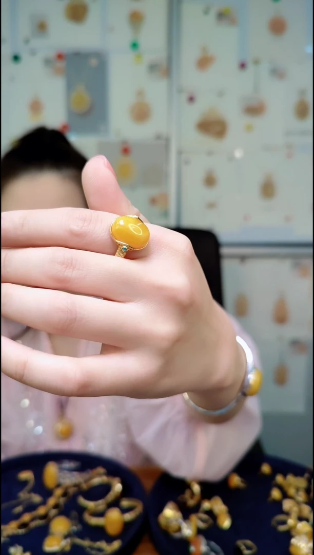 蜜蜡银S925镀金镶嵌戒指﹣D125蜜蜡戒指