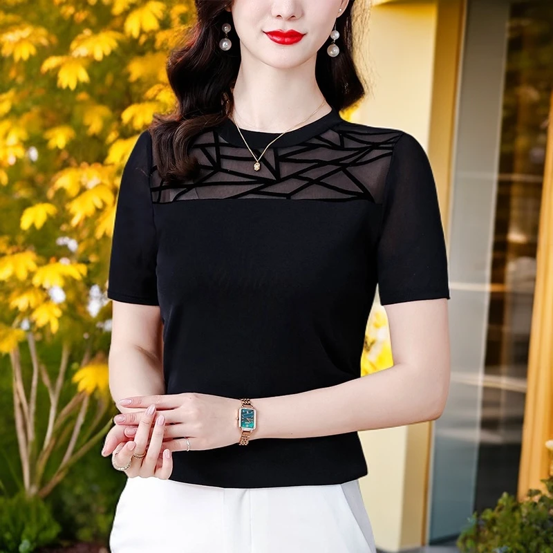 2025夏季新款圆领植绒双层网纱内搭洋气修身打底衫女中袖半高领