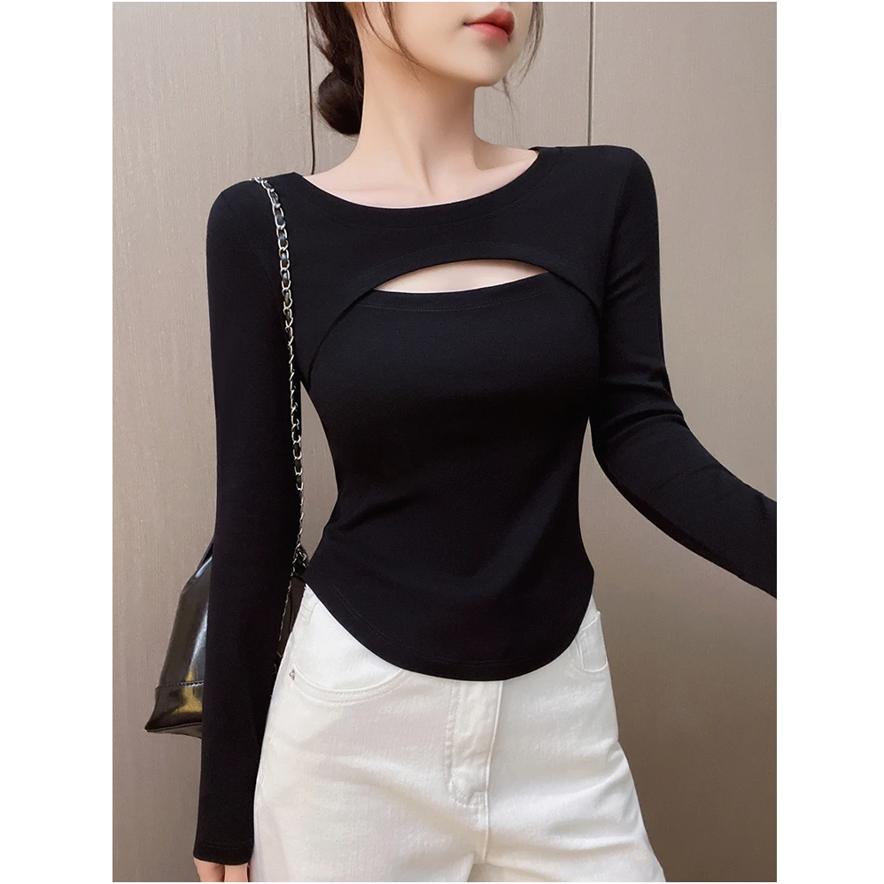 高级感黑色不规则长袖T恤打底衫女内搭秋冬新款收腰镂空时尚上衣