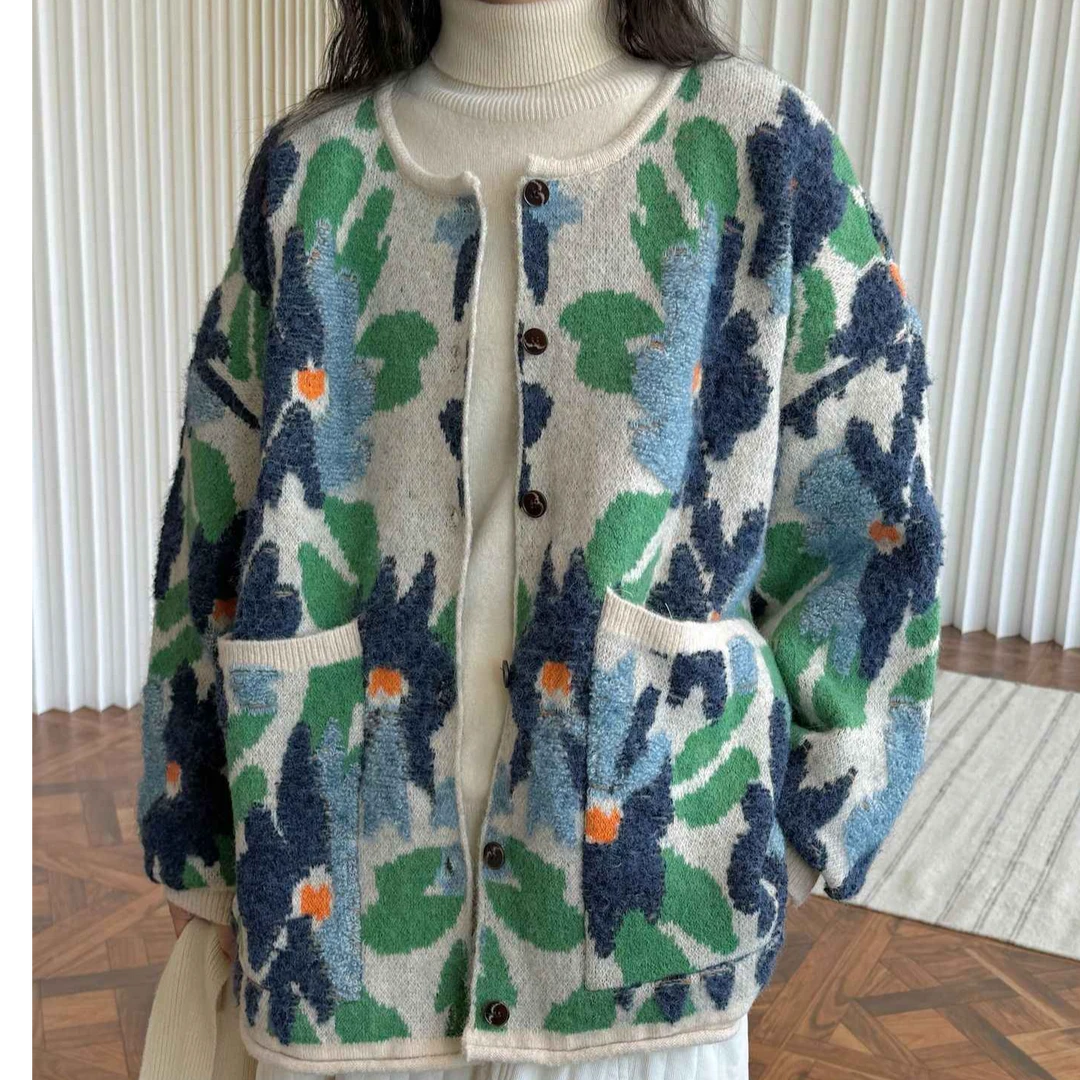 宽松上衣女慵懒风秋冬毛衣外套大码胖mm韩系甜美花朵软糯针织开衫