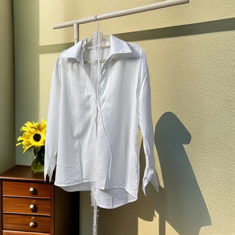 春款上新！韩系飘带V领宽松设计感拼接蕾丝休闲白衬衫(配蕾丝飘带）