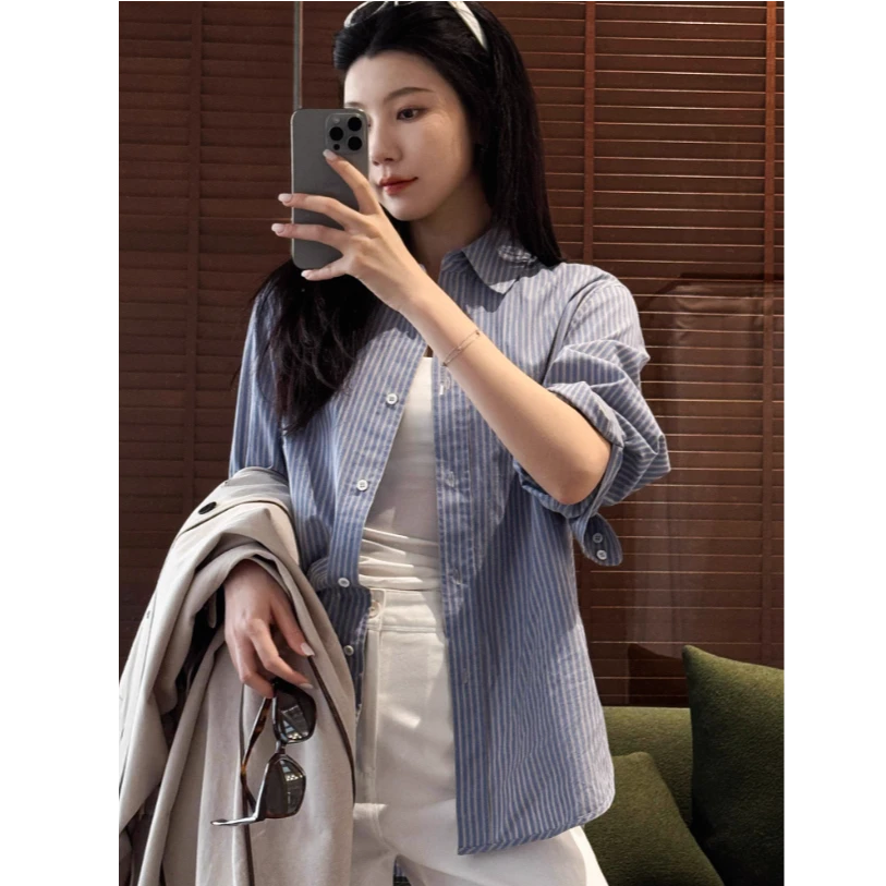 「记事本」“留白衬衫”法式高知分子色织荃棉条纹衬衫女CYC860480AG