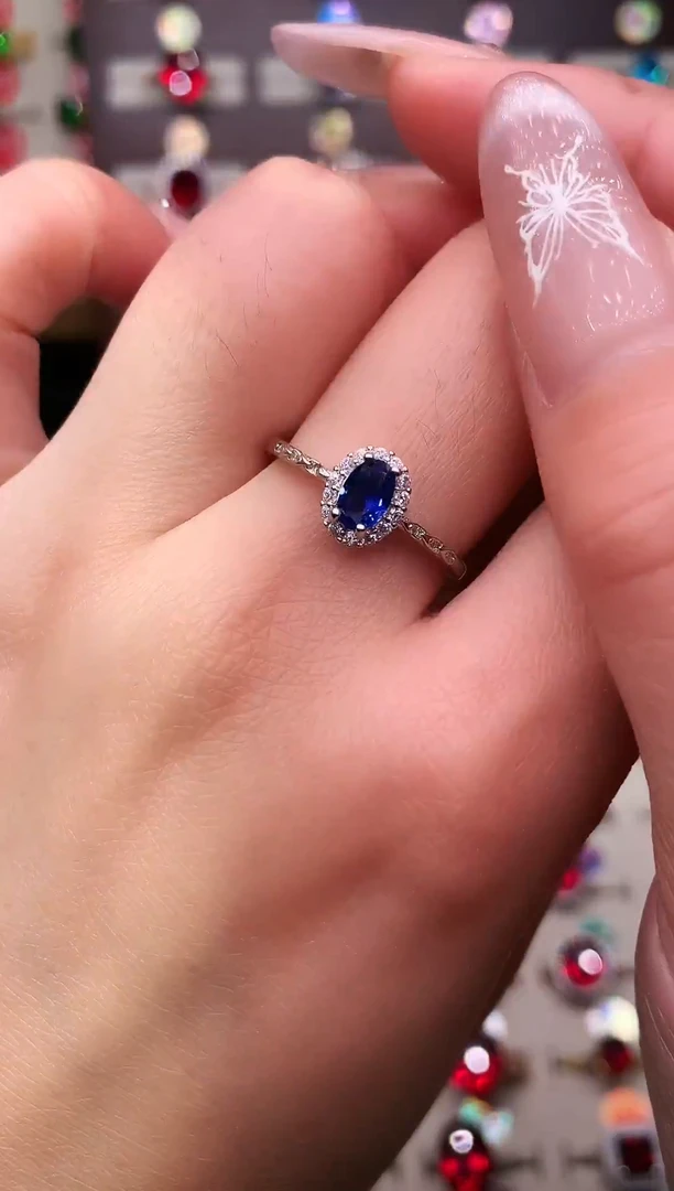 戒指蓝宝石银S925镶嵌4*6 银托