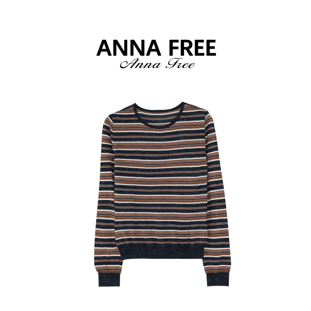 ANNA FREE 羊毛三色条纹秋季薄款宽松休闲圆领长袖Z8669