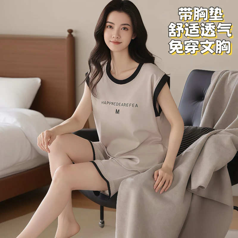 夏季新款自带胸垫女士睡衣背心坎肩短裤大码夏天可外穿家居服套装
