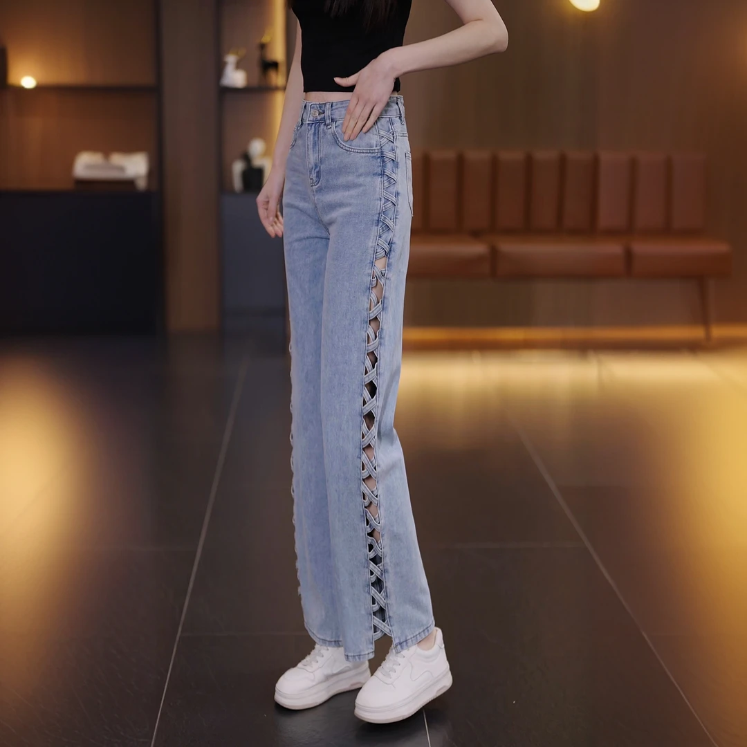 春夏风时尚阔腿镂空直筒垂感夏日高腰牛仔长裤百搭显瘦辣妹牛仔裤