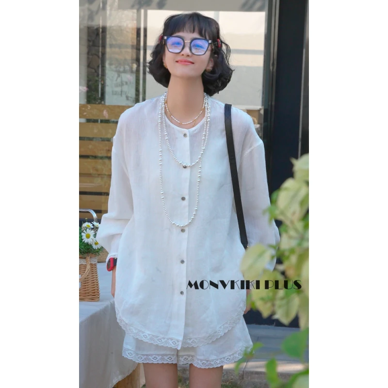 MoNvKiKiPlus5“简单爱““亚麻100%慵懒风休闲宽松两件套套装#329