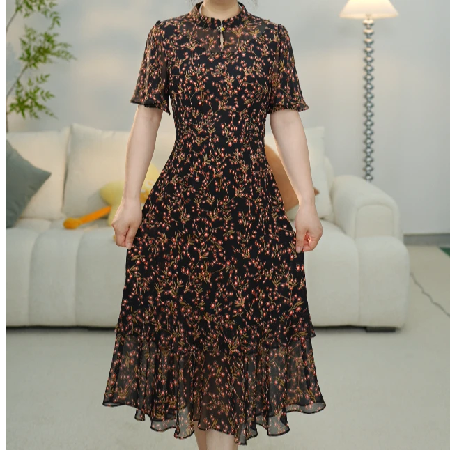 7655连衣裙大码碎花休闲时尚女士妈妈装圆领