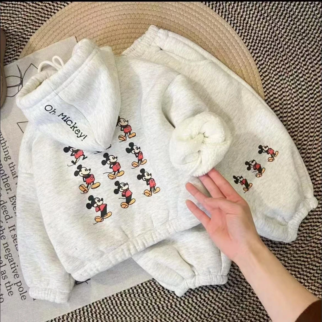 小米奇加厚升级儿童套装秋冬季加绒中小童卫衣宝宝保暖连帽两件套