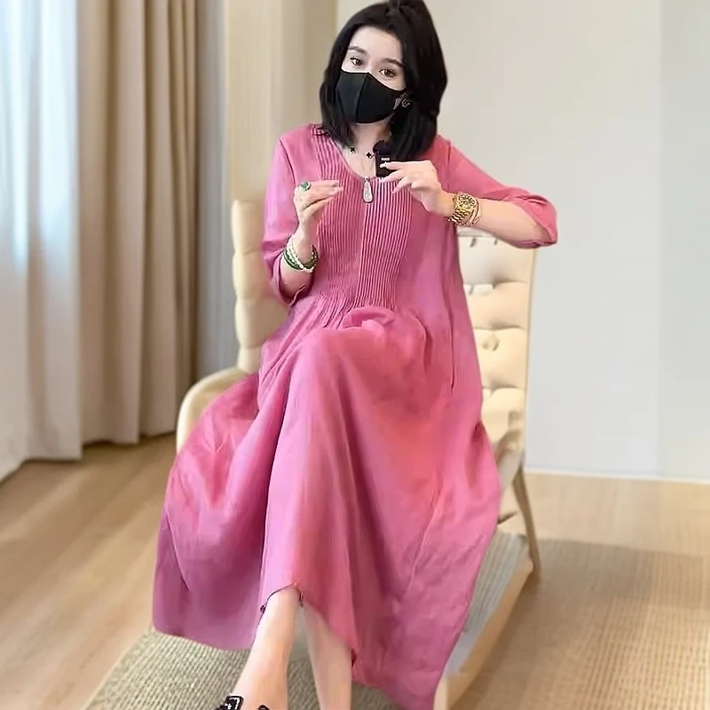 高级感气质V领时尚连衣裙女夏季2025新款显瘦宽松温柔风长裙法式