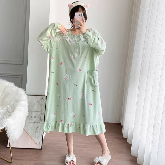 公主风草莓花边长袖棉加长睡裙加大码孕妇春秋胖MM200斤家居服