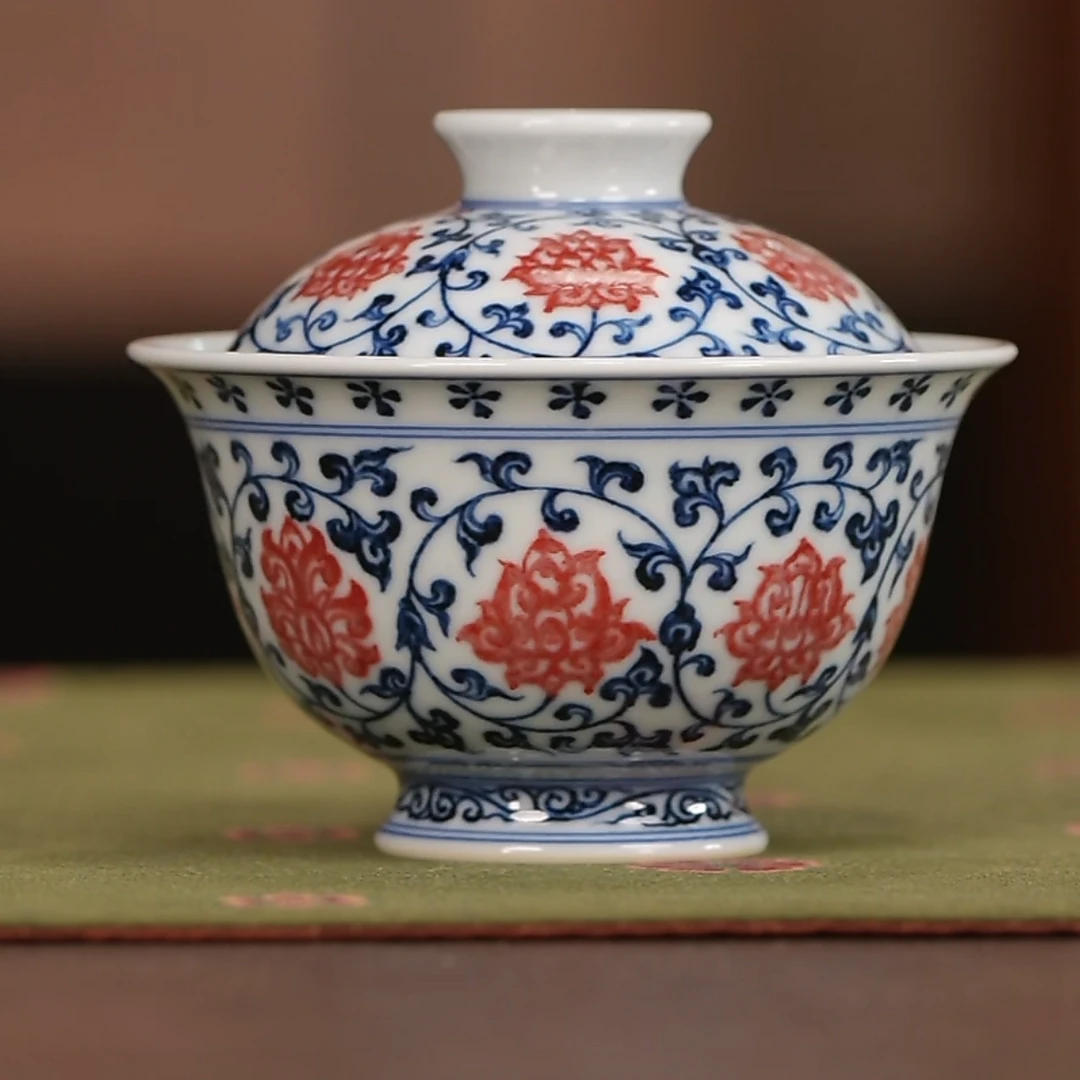 【小乔赏瓷】司陶坊青花釉里红缠枝压手盖碗stf219