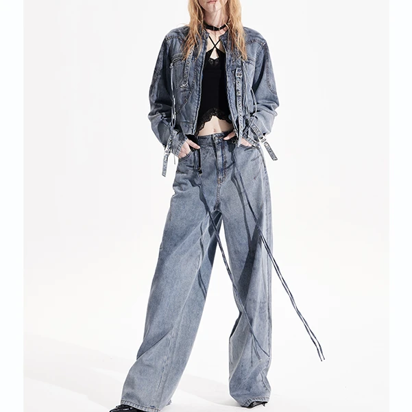 【春上新】Auuuu/uhot 显瘦高腰阔腿水洗牛仔裤配：装饰带UWWS2K047